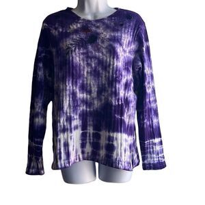 Sheesh Womens Large Tie Dye Knit Top Purple White Embroidered Neckline NWT
